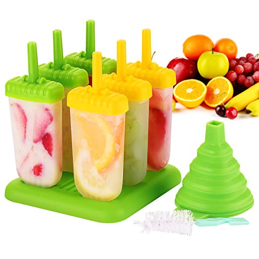 Omorc Popsicle Molds Set - BPA Free & FDA Certified & Food Safe - 6 Pack Reusable Ice Pop Molds Makers Drip-Guard Handle Easy-Release Ice Cube Tray Molds with Folding Funnel and Cleaning Brush