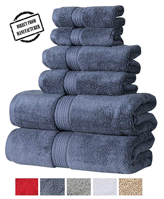 Zero Twist Cotton Premium 6 piece Towel Set- 2 Extra Large Bath Towels 2 Hand Towel 2 Washcloths Highly Absorbent  Soft by Avira Home (Navy)