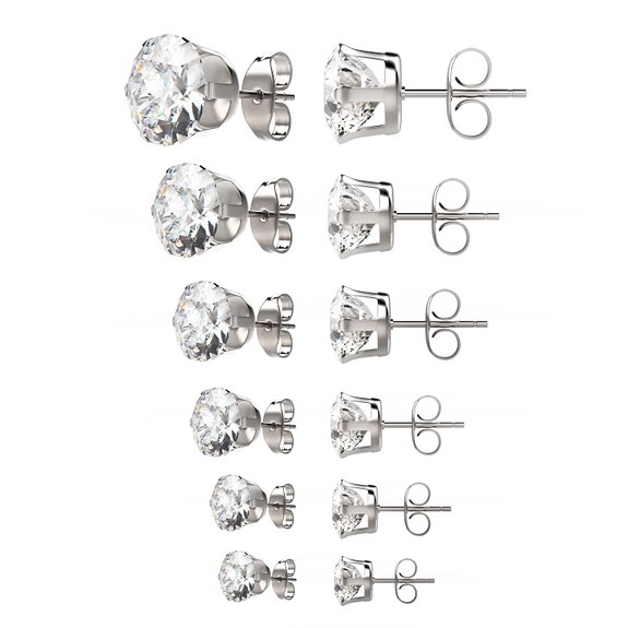 Uhibros 316L Surgical Stainless Steel Round Clear Cubic Zirconia Stud Earrings 6 Pairs Assorted Sizes