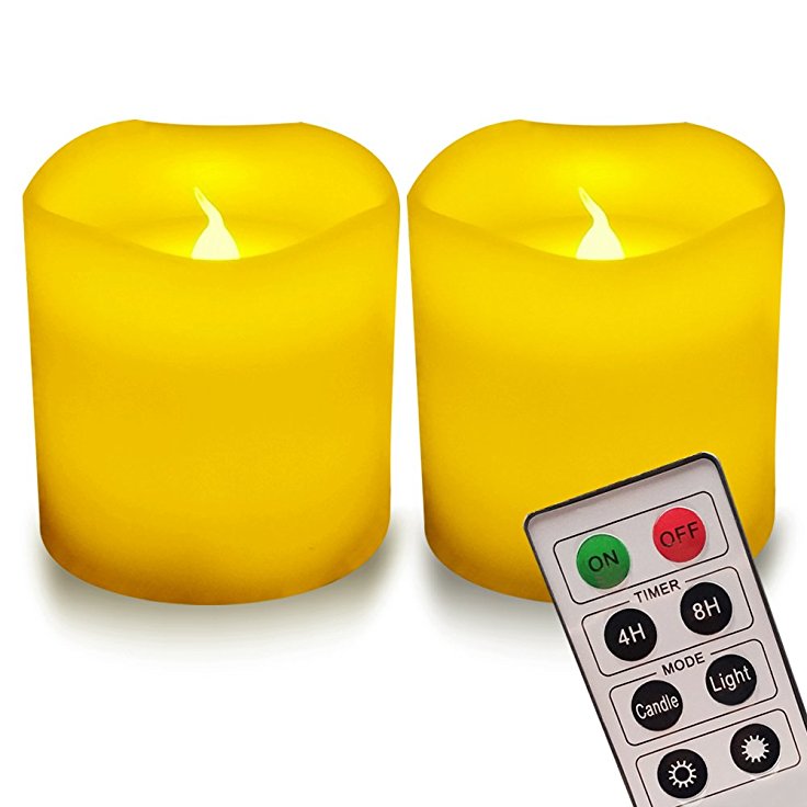 【Real Wax Timer】Warm Yellow Light LED Flickering Real Wax Flameless Candles Battery Powered Pillar Candles with Remote Control and Timer for Birthday Decorations Party(H3" D3" Inches, 2 Pack)