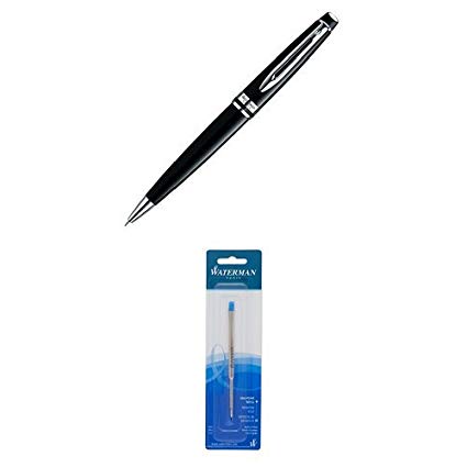 Waterman Expert Ballpoint Pen, Medium Point, Black Lacquer with Palladium Trim, Blue Ink Plus Blue Refill
