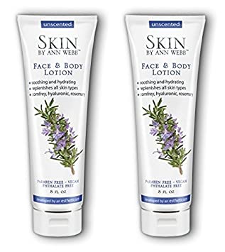 Skin by Ann Webb Unscented Face & Body Lotion (Pack of 2) with Aloe, Hyaluronic Acid, Arnica Flower, Rosemary Extract, Chamomile Flower Extract, Comfrey Root Extract and Jojoba Seed Oil, 8 oz