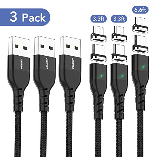 Magnetic Charging Cable,JianHan 3 Pack (3.3ft 3.3ft 6.6ft) 2 in 1 Multiple Charger Cord Micro USB   Type C Cable for Samsung Galaxy S10,S9,S9 Plus,S8,S8 Plus,Note 8,Note 9,S7,S6,S6 Edge,Note 5,LG,Moto,Kindle,Android (Black)