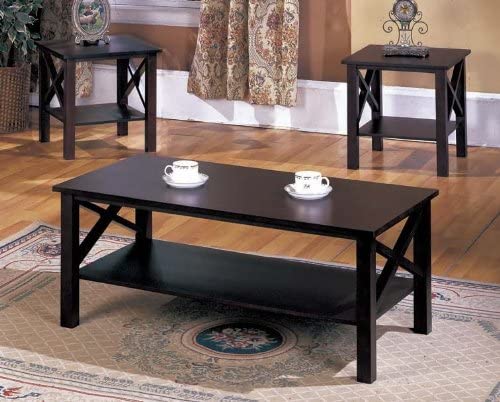 King's Brand 3 Piece Wood X Style Casual Coffee Table & 2 End Tables Occasional Set, Cherry Finish