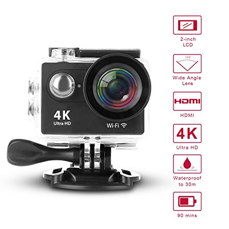 GSPON Wifi Action Camera 4K Ultra HD 12MP 30M Waterproof DV Camcorder 170 Degree Wide Angle Lens Sports Camera 2 Inch LCD Screen with Accessories Kit for Outdoor Cycling Swimming Surfing