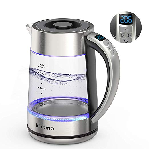 RinKmo Electric Kettle(BPA-Free), Fast Boiling Glass Tea Kettle (1.8L) Cordless，Visible Blue Lights Bright Glass Body，Auto Shut-Off & Boil-Dry Protection,Intelligent temperature control