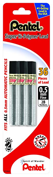 Pentel Super Hi-Polymer Lead Refill 0.5mm Fine, 2B, 36 Pieces of Lead (C505BP32B-K6)