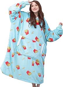 yescool Wearable Blanket Hoodie, Flannel Sherpa Fleece Blanket Sweatshirt for Adults Women Men, Big Plush Cozy Hooded Blanket with Hood, Pocket & Sleeves, Largre, One Size Fits All (Fries)