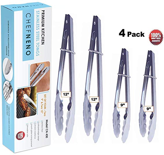 ChefNeno Kitchen Stainless-Steel Utility Tongs 12-inch and 10-inch, 4 Pack