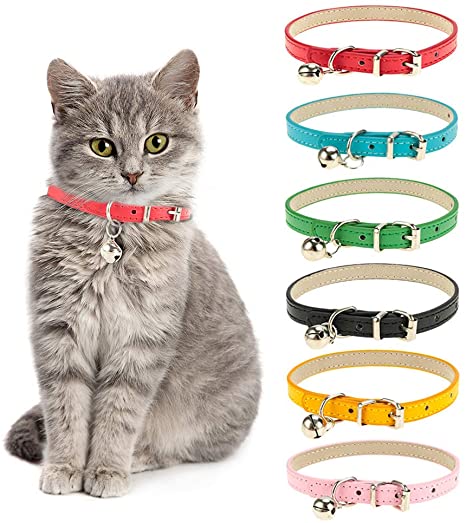 Yorgewd 6 Pack Leather Cat Collars with Removable Bell Polished Durable Metal Buckle Soft and Adjustable for Cats Puppy Small Medium Dogs