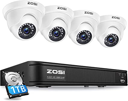 ZOSI 1080P H.265  Home Security Camera System,5MP Lite 8 Channel Surveillance DVR with Hard Drive 1TB and 4 x 1080p Weatherproof CCTV Dome Camera Outdoor Indoor with 80ft Night Vision, Motion Alerts