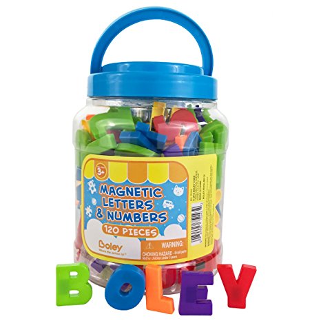 Boley Toddler Bucket of Magnetic Letters and Numbers - 120 pc magnetic play letters, numbers and symbols in a clear transportable bucket - Great educational toys for 3 year olds and up!