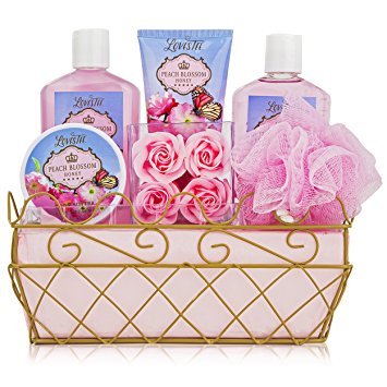 Luxury Peach Blossom Honey Spa Gift Set By Lovestee-Bath and Body Gift Basket, Gift Box, Includes Exotic Shower Gel, Bubble Bath, Sensual Body Lotion, Smooth Body Butter, and Bath Puff