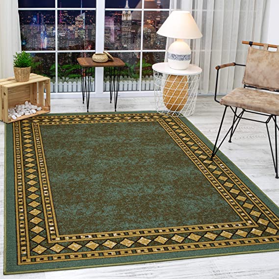 Antep Rugs Alfombras Modern Bordered 5x7 Non-Skid (Non-Slip) Low Profile Pile Rubber Backing Indoor Area Rugs (Green, 5' x 7')