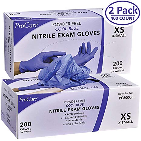 ProCure Disposable Nitrile Gloves – 2 Pack, Powder Free, Rubber Latex Free, Medical Exam Grade, Non Sterile, Ambidextrous - Soft with Textured Tips – Cool Blue (X-Small, 2 Pack, 400 Count)