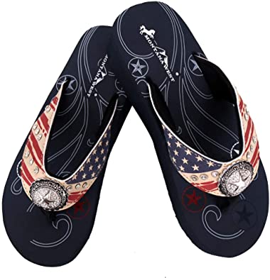 Montana West Wedge Flip Flops For Women Western Patriotic Rhinestone Concho Comfort Wedge Sandals