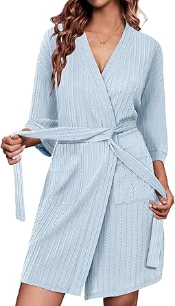 Ekouaer Waffle Robes for Women Bathrobe Lightweight Knee Length 3/4 Sleeve Knit Bath Robes Female Loungewear with Pockets