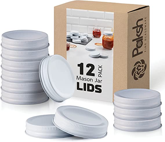 Paksh Novelty White Replacement Mason Jar Lids - Regular Mouth - Canning Lids for Ball, Kerr, Bormioli Rocco, And Other Brands. One Piece Lid. 12 Pack