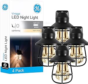 GE Vintage LED Night Light, Plug-in, Dusk to Dawn Sensor, Farmhouse Decor, Mood Lighting, Home Decor, Ambient Lighting, LED Lights for Bedroom, Bathroom, Kitchen, Hallway, 62461, Black, 4 Pack