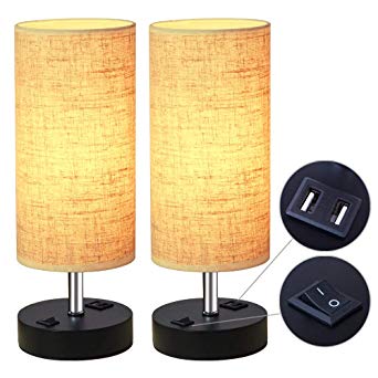 ZEEFO Dual 2.1A USB Charging Port Bedside Table Lamp with Press Switch, Black Base Modern Minimalist Design Desk Lamp 2 Set, Very Convenient Nightstand Lamp to Decor Your Bedroom, Guest Room (2Pack)