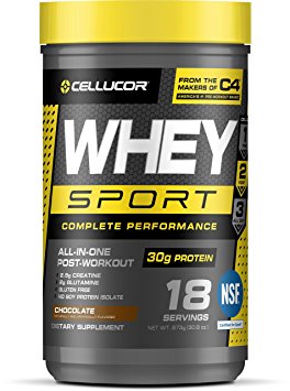 Cellucor Whey Sport Protein Powder, Post Workout Recovery Drink with Whey Protein Isolate, Creatine & Glutamine, Chocolate, 18 Servings