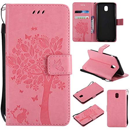 Conber Galaxy J5 2017 Case, Shockproof Leather Wallet Flip Case Cover   (free Tempered Glass Screen Protector), Vintage Emboss Tree and Cat Design Case for Samsung Galaxy J5 2017 - Pink