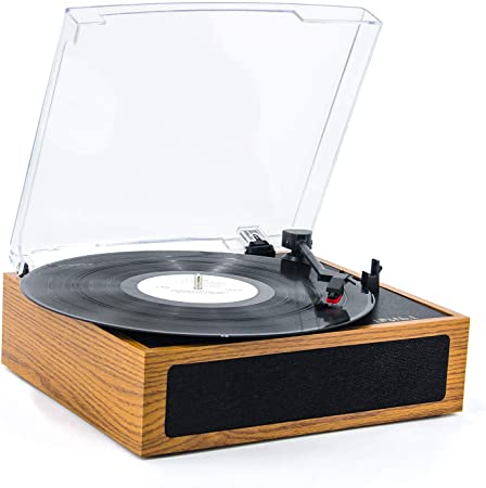 LP&No.1 3 Speed Belt-Drive Bluetooth Turntable with Stereo Speakers, Vintage Vinyl Record Player,Yellow Brown