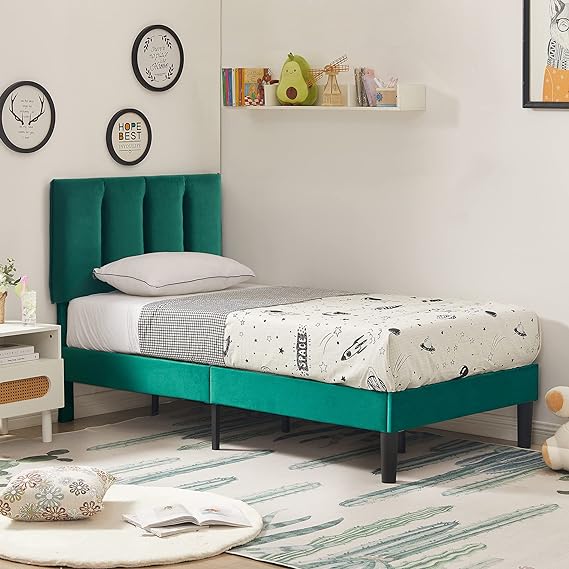 VECELO Twin Bed Frames, Upholstered Platform Bedframe, Adjustable Headboard, Wood Slat Support, No Box Spring Needed, Easy Assembly, Dark Green