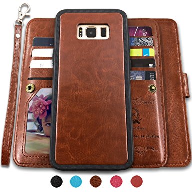 Galaxy S8 Plus Cases,Magnetic Detachable Lanyard Wallet Case with [8 Card Slots 1 Photo Window][Kickstand] for Galaxy S8 Plus-6.2 inch, CASEOWL 2 in 1 Premium Leather Removable TPU Case(Brown)