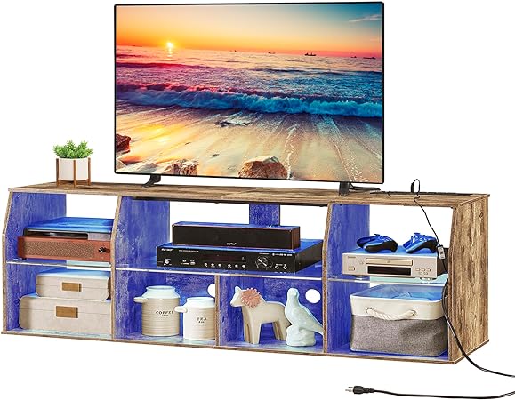 VECELO TV Stand with LED Strip & Power Outlets, Industrial Entertainment Center for 45/50/55/60/65/70 inch TVs, 7 Open Storage, 3 Tiers Media Console Table, Cord Holes, Bedroom, 65",Brown