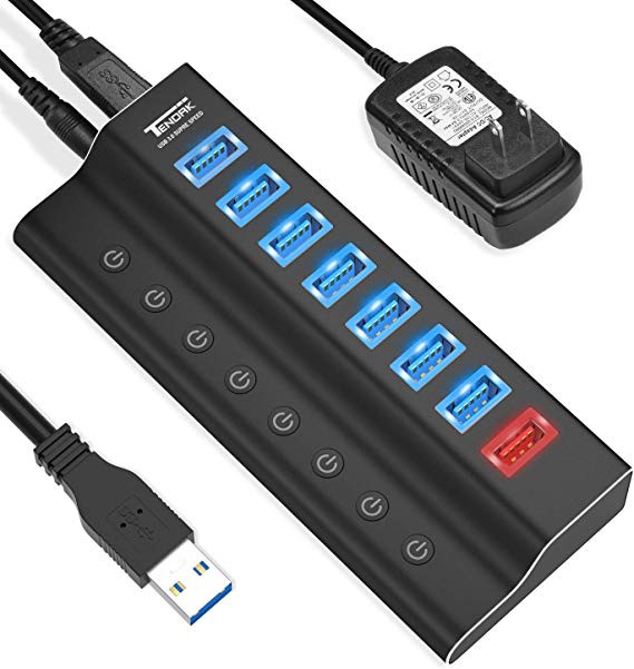 USB 3.0 Hub, Tendak 8 Ports Powered USB Hub Splitter (7 High Speed Data Transfer Ports   1 Charging Ports) with Individual On/Off Switches and 5V/4A Power Adapter for PC Laptop HDD Disk Mac Pro/Mini