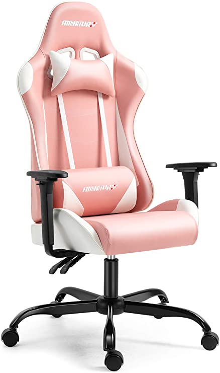 AMINITURE Gaming Chair Racing Style High Back Computer Gaming Chair Adjustable Recliner Office Desk Chair with Headrest and Lumbar Support (Pink & White)