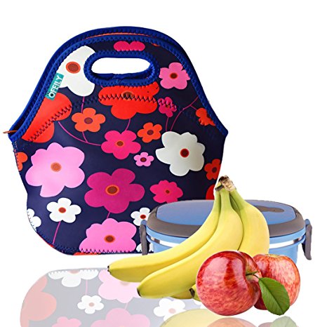Lunch Tote, OFEILY Lunch boxes Lunch bags with Fine Neoprene Material Waterproof Picnic Lunch Bag Mom Bag (Rayal blue Flower)