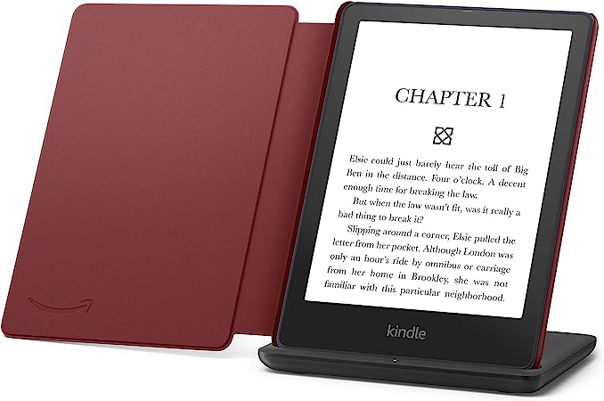 Kindle Paperwhite Signature Edition including Kindle Paperwhite (32 GB) - Denim - Without Lockscreen Ads, Leather Cover - Merlot, and Wireless Charging Dock