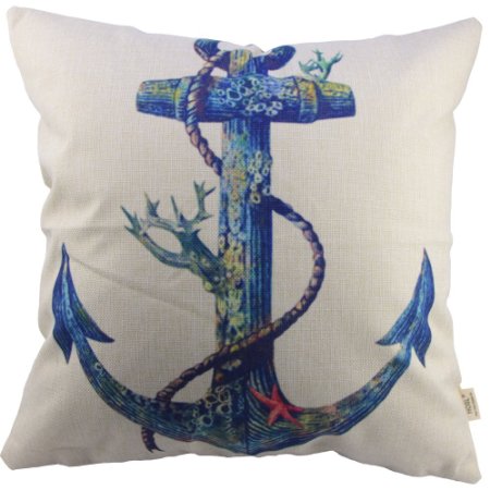 HOSL® Blending Linen Square Throw Pillow Case Decorative Cushion Cover Pillowcase for Sofa Blue Rusty Anchor with Coral 18 "X18 "