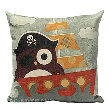 Square Cotton Linen Cartoon Owl Pirate Printed Pillow Case Cover Painting Retro Decorative Pillowcase 17 Inch