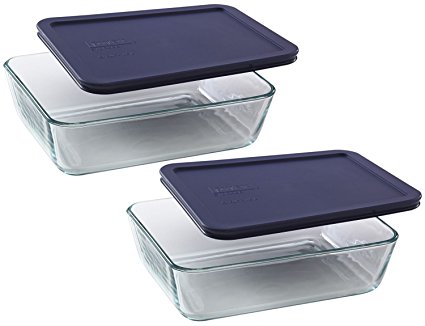 Pyrex Storage 6-Cup Rectangular Dish with Dark Blue Plastic Cover, Clear, Box of 2 Containers