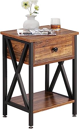 VECELO Modern Versatile X-Design Side End Table Nightstand Storage Shelf with Drawer for Living Room Bedroom,Brown, Endtable