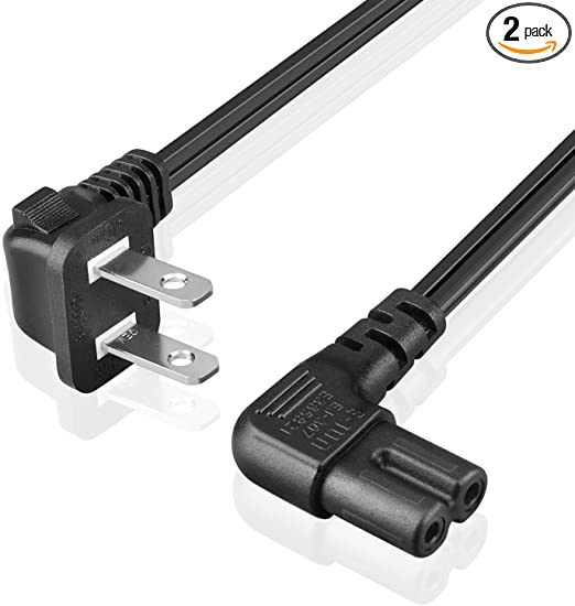 TNP Universal 2 Prong Angled Power Cord (10 Feet) 2 Pack - NEMA 1-15P to IEC320 C7 Figure 8 Shotgun Connector AC Power Supply Cable Wire Socket Plug Jack (Black) Compatible w/Apple TV, PS4 PS3 Slim