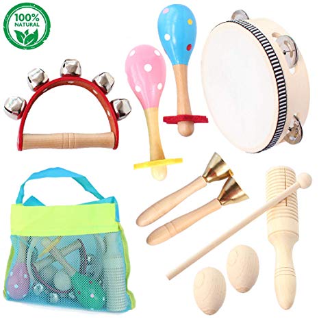 Benelet Wooden Musical Instruments Set for Children,Safe and Friendly Natural Materials,Kid's Music Enlightenment,Percussion Instrument Music Toys Kit for Preschool Education,Storage Mesh Bag