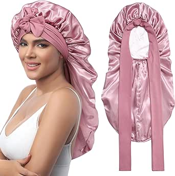 AWAYTR Long Satin Bonnet for Sleeping - Double Layer Reversible Silk Bonnet for Long Hair Women Sleeping Cap with Tie Band