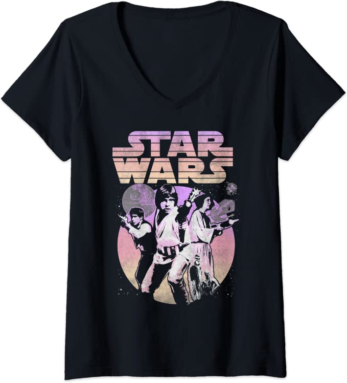 Womens Star Wars Retro Gradient Group Poster V-Neck T-Shirt