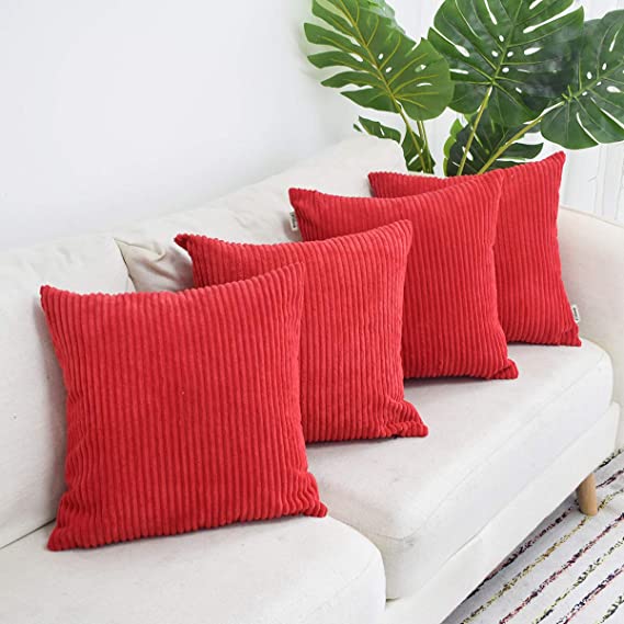 FOOZOUP Decorative Pillow Covers Corduroy Soft Soild Throw Pillow Covers 4 Packs Square Cushion Cases Pillowcases for Sofa Bedroom Car 18 x 18 Inch Red