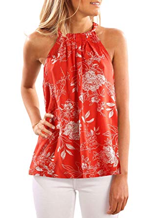 FARYSAYS Women's Casual Floral Print Halter Tank Tops Summer Sleeveless Shirts Blouses