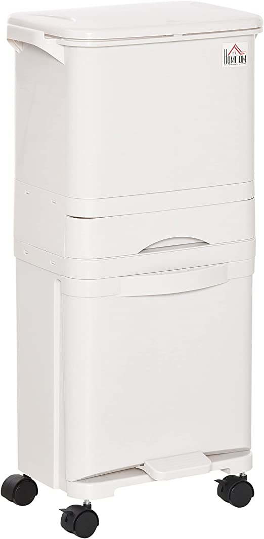 HOMCOM Cubo de Basura y Reciclaje 45L Basurero Móvil con Ruedas 4 Compartimentos Cajón Apertura y Cierre Fácil con Pulsador y Pedal 42x29x83 cm Blanco