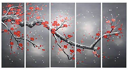 Ode-Rin Art - 100% Hand Painted Plum Blooming 5 Pieces Wall Art Red Flowers Framed Oil Painting for Living Room Home Decor, Ready to Hang - (8"x24" x 5 Panels)