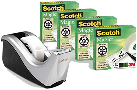 Scotch FT510110610 C60 Desk Tape Dispenser - Silver - with 4 Rolls of Scotch Magic Tape - 19 mm x 33 m