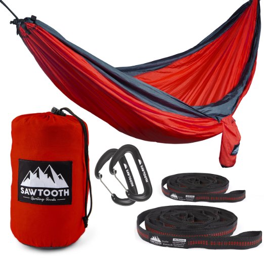 Sawtooth Double Hammock with Free Tree Straps and Premium Carbiners. Best Multifunctional, Portable Nylon Hammock with Utility Loops to use as a Picnic or Beach Blanket or Sun Shade.