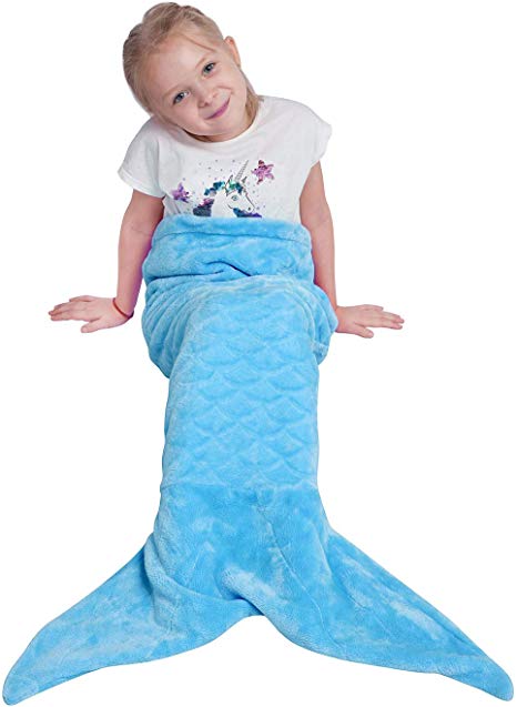 Kids Mermaid Tail Blanket,Plush Soft Flannel Fleece All Seasons Sleeping Blanket Bag,Plain Fish Scale Design Snuggle Blanket，Best Gifts for Girls,17"×39"
