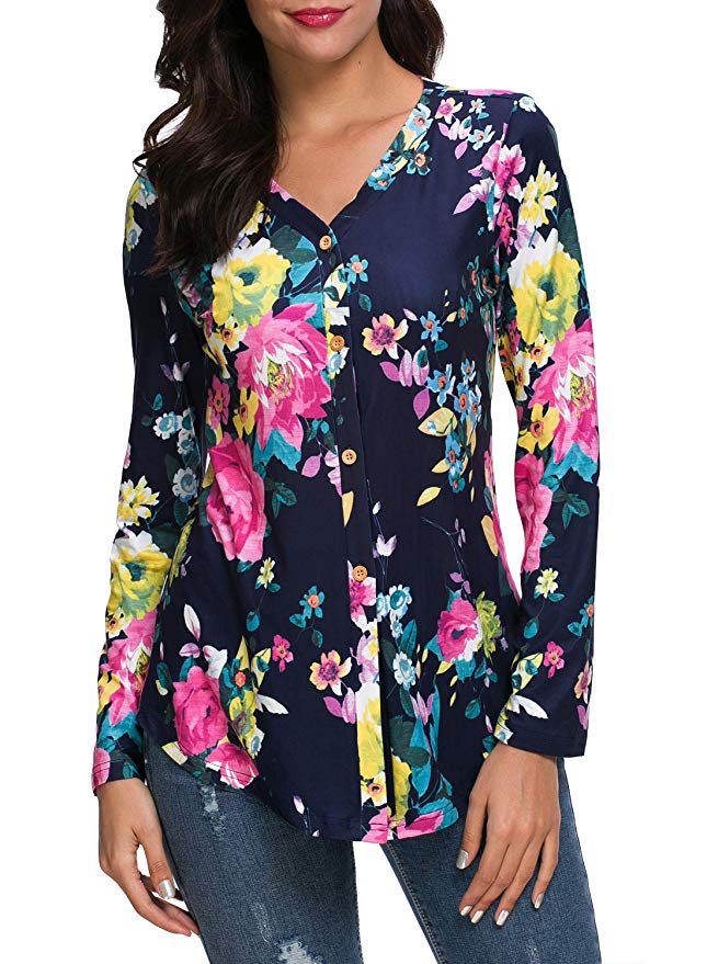 Kranda Vneck Blouses for Women Tie Knot Front Long Sleeve Floral/Solid Tee Tops
